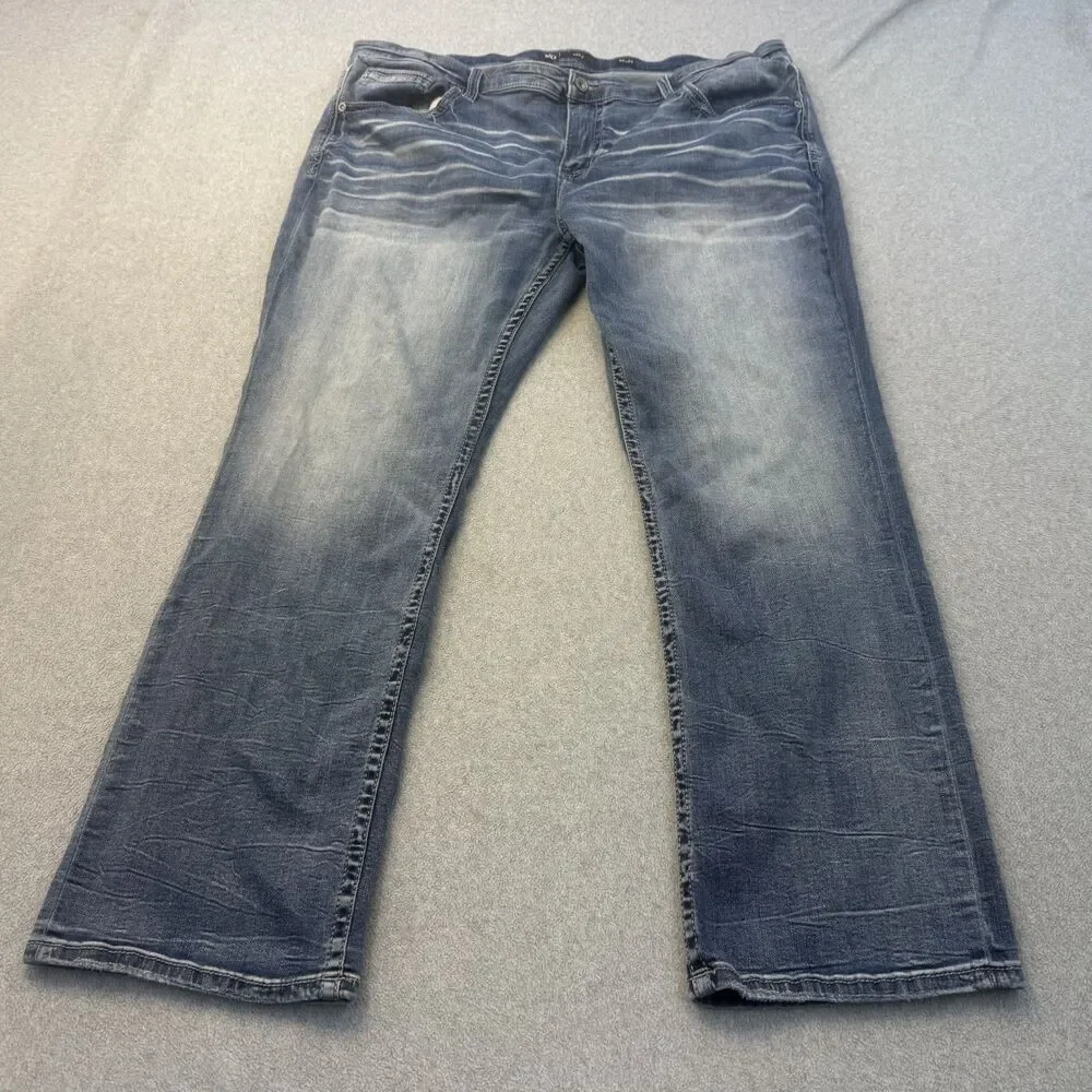 BKE Jeans Men's 42x32 Blue Straight Leg Whiskered Distressed Bootcut Relaxed